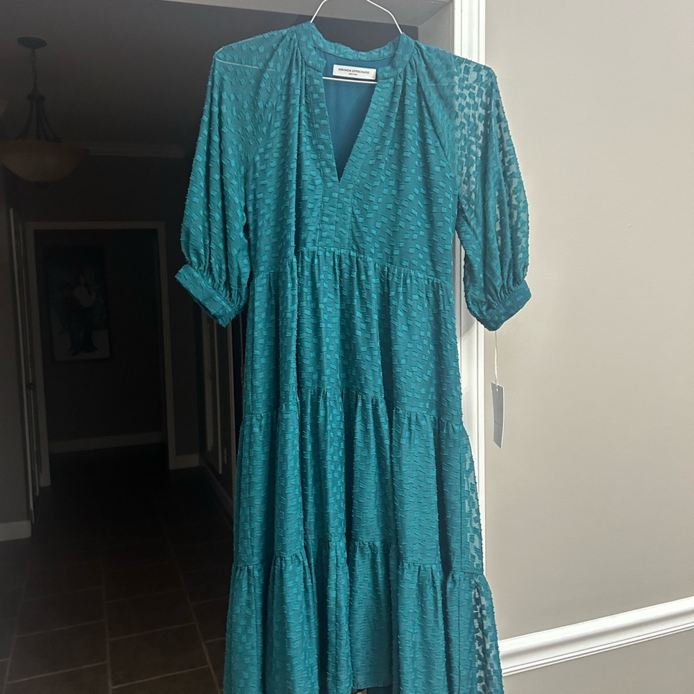 Amanda Uprichard Green and Blue Tiered Ruffled Midi Dress